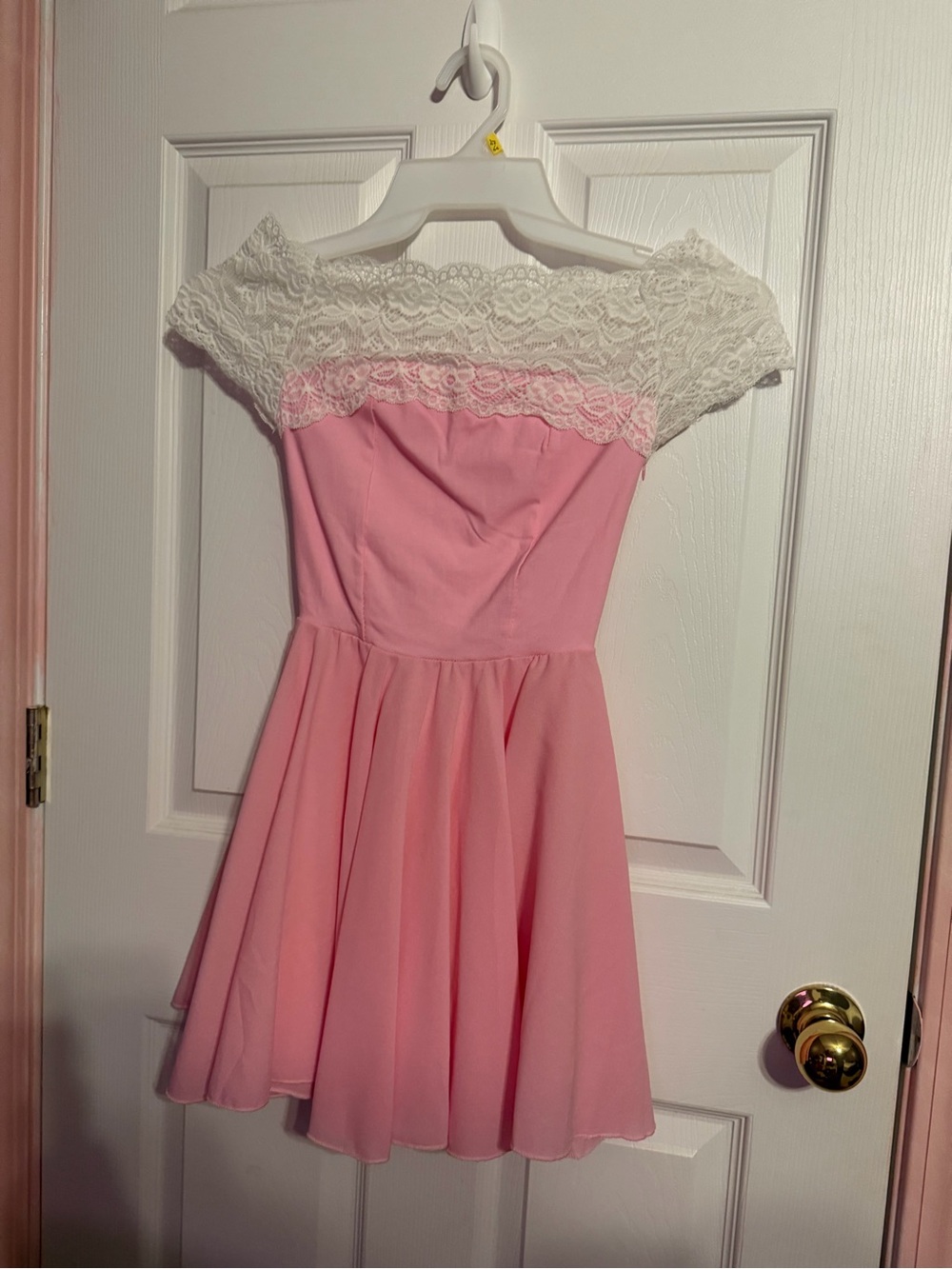Pink Lace Off-Shoulder Fit & Flare Skater Dress